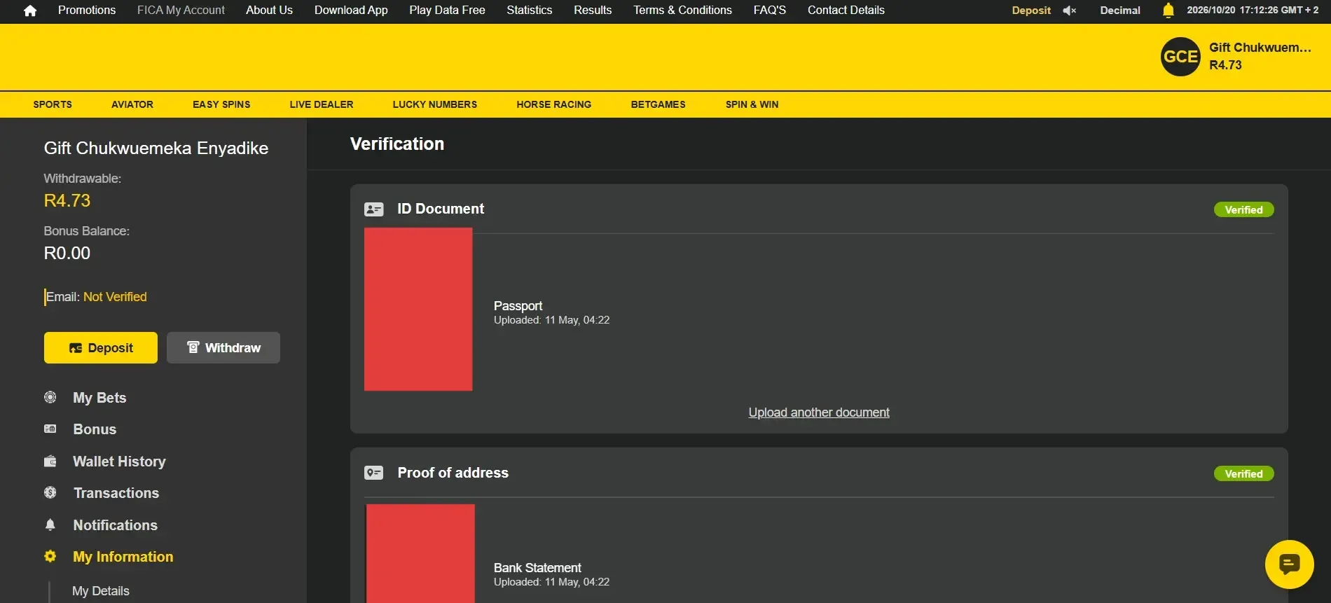Easybet Verification Page showing upload field for ID document and Proof of address