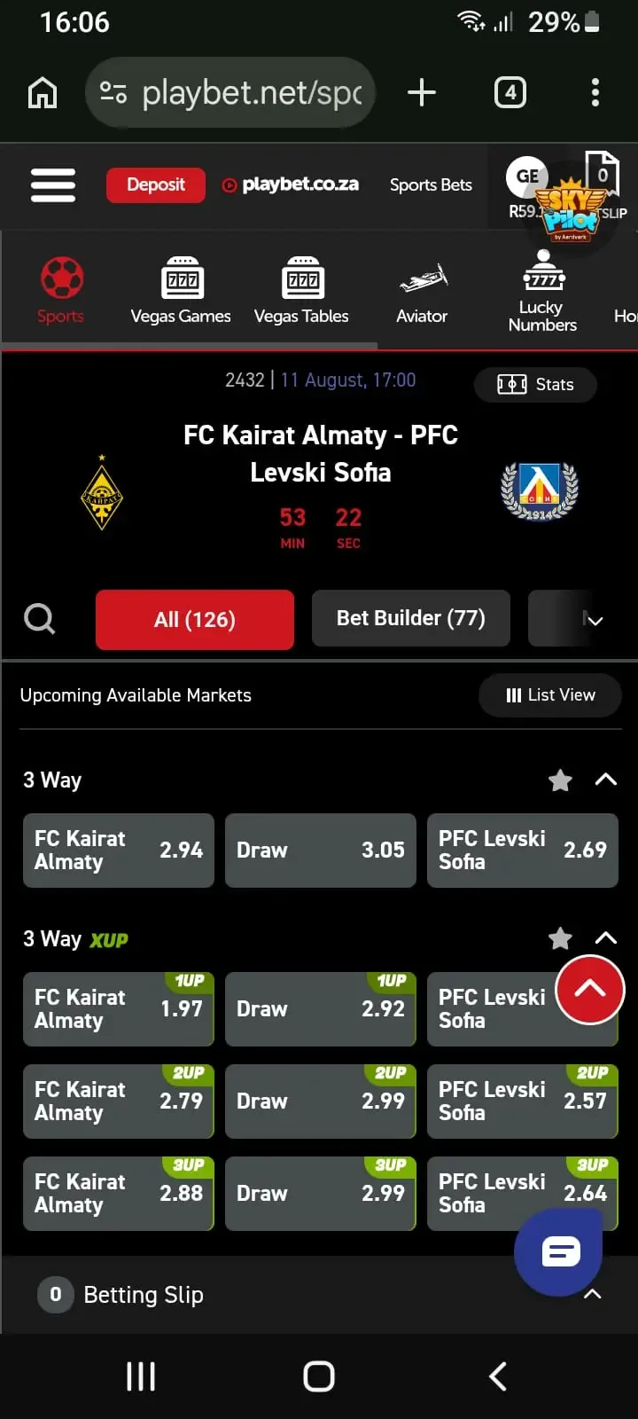 Champions League Qualifier match between FC Kairat Almaty vs PFC Levski Soha with 1Up, 2Up and 3Up on Playbet