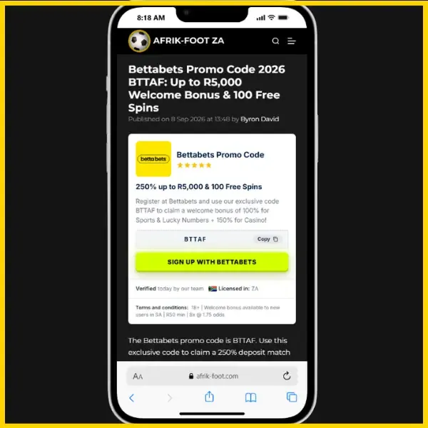 Green sign-up with Bettabets buttonwth exclusive promo code BTTAF from the Afrik-Foot South Africa official site. 