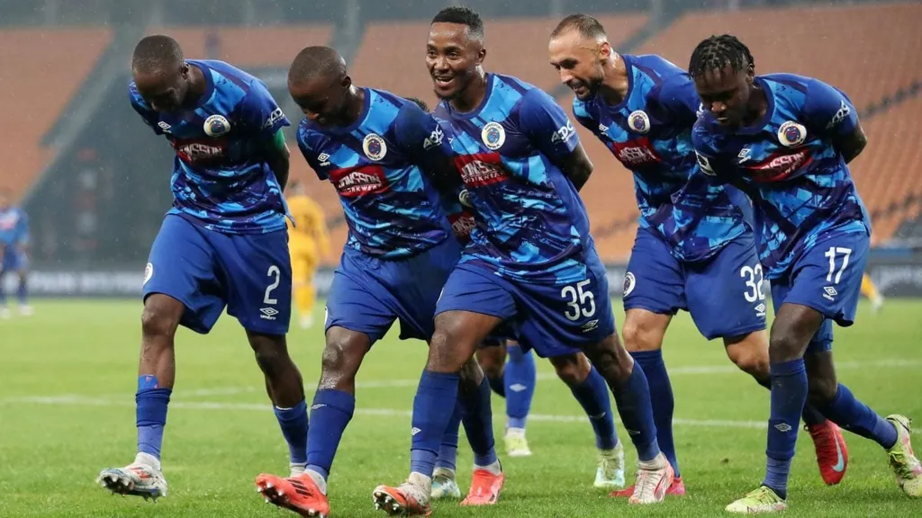 SuperSport United players celebrate a goal against Kaizer Chifs at FNB Stadium. Photo SuperSport United