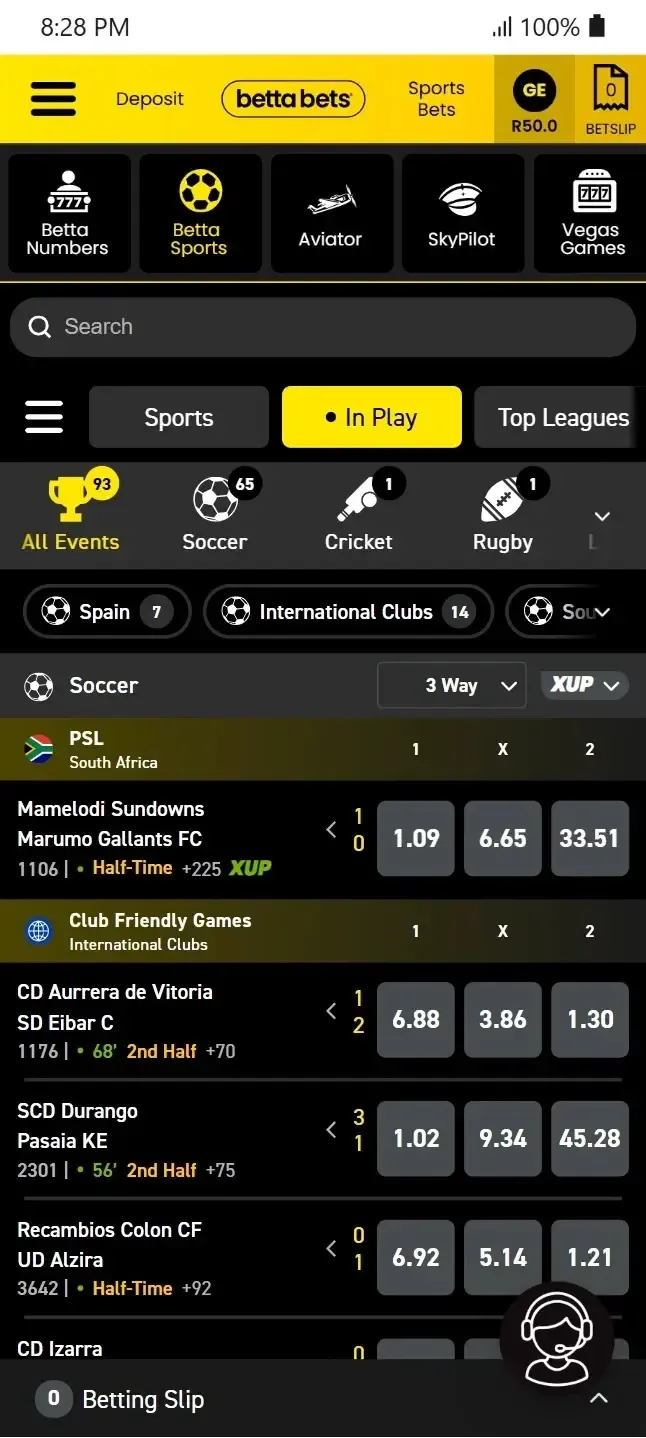 Bettabets in-play tab showing active PSL and international club friendlies 