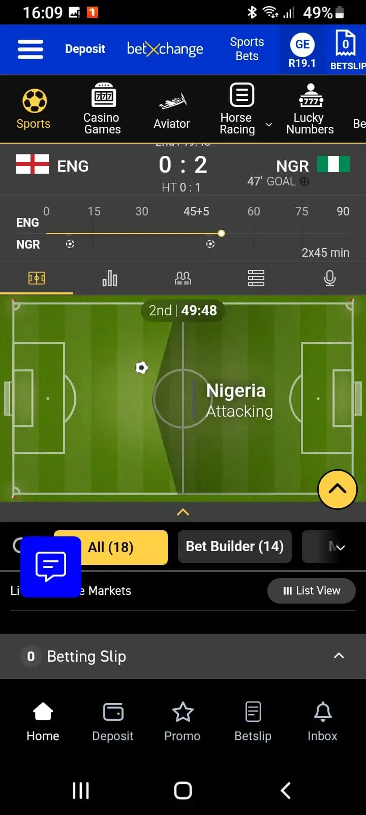BetXchange mobile app in-play live match tracker showing 2D soccer pitch visualisation during an England vs Nigeria match.