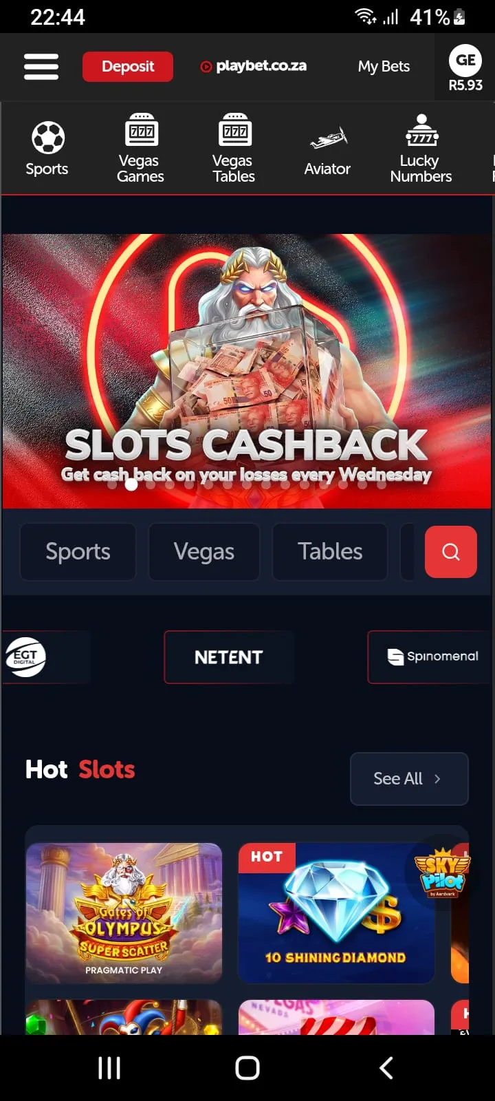Playbet app homescreen