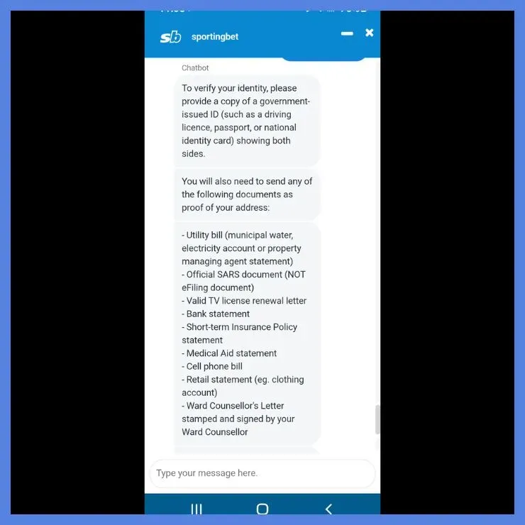 Sportingbet South Africa Live Chat screenshot detailing documents needed for FICA