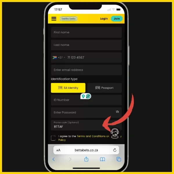 Registration form with fields for Frist name, Last name, phone number, email, ID/Passport, password. Red arrow pointing to Bettabets Promo Code field with BTTAF