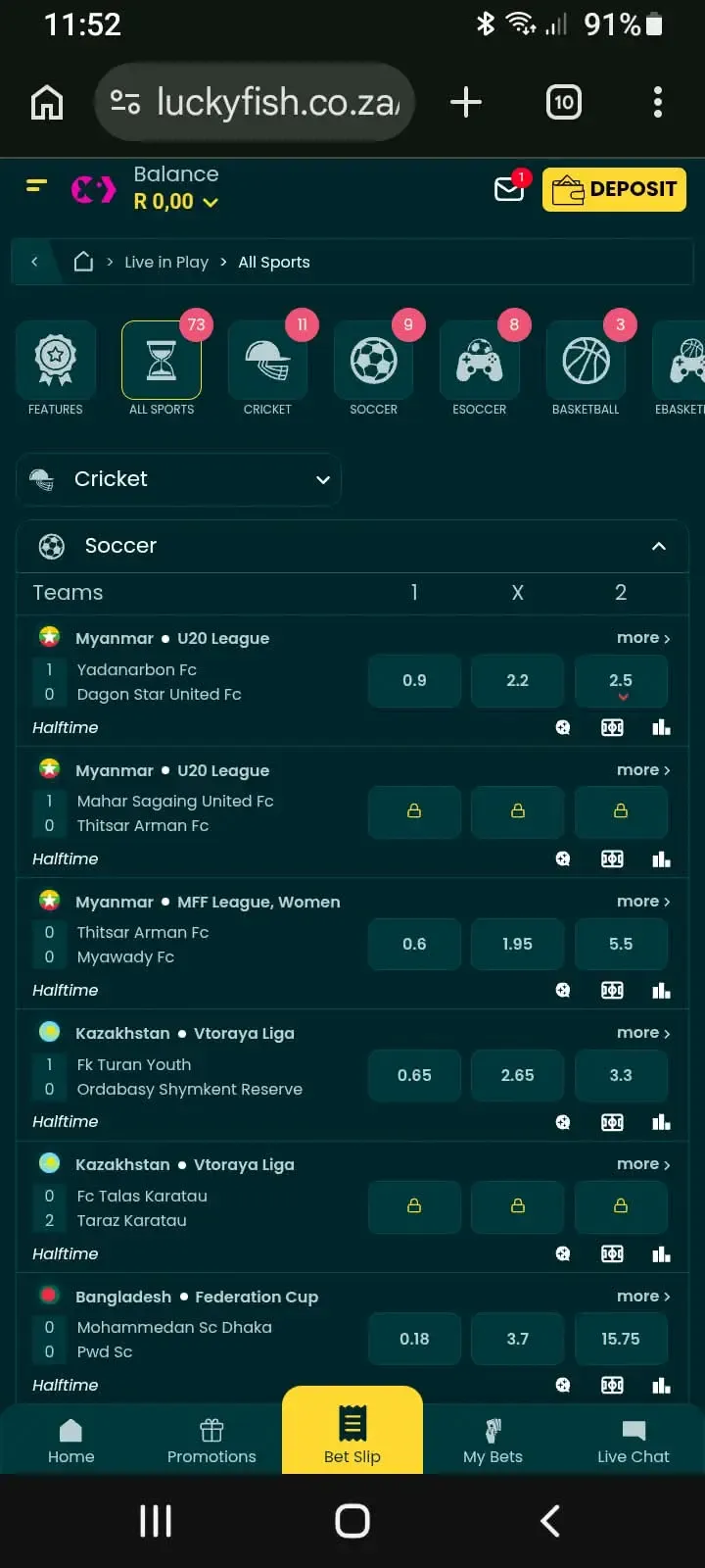 Lucky Fish live sports betting interface displaying odds for global soccer matches on new betting sites South Africa
