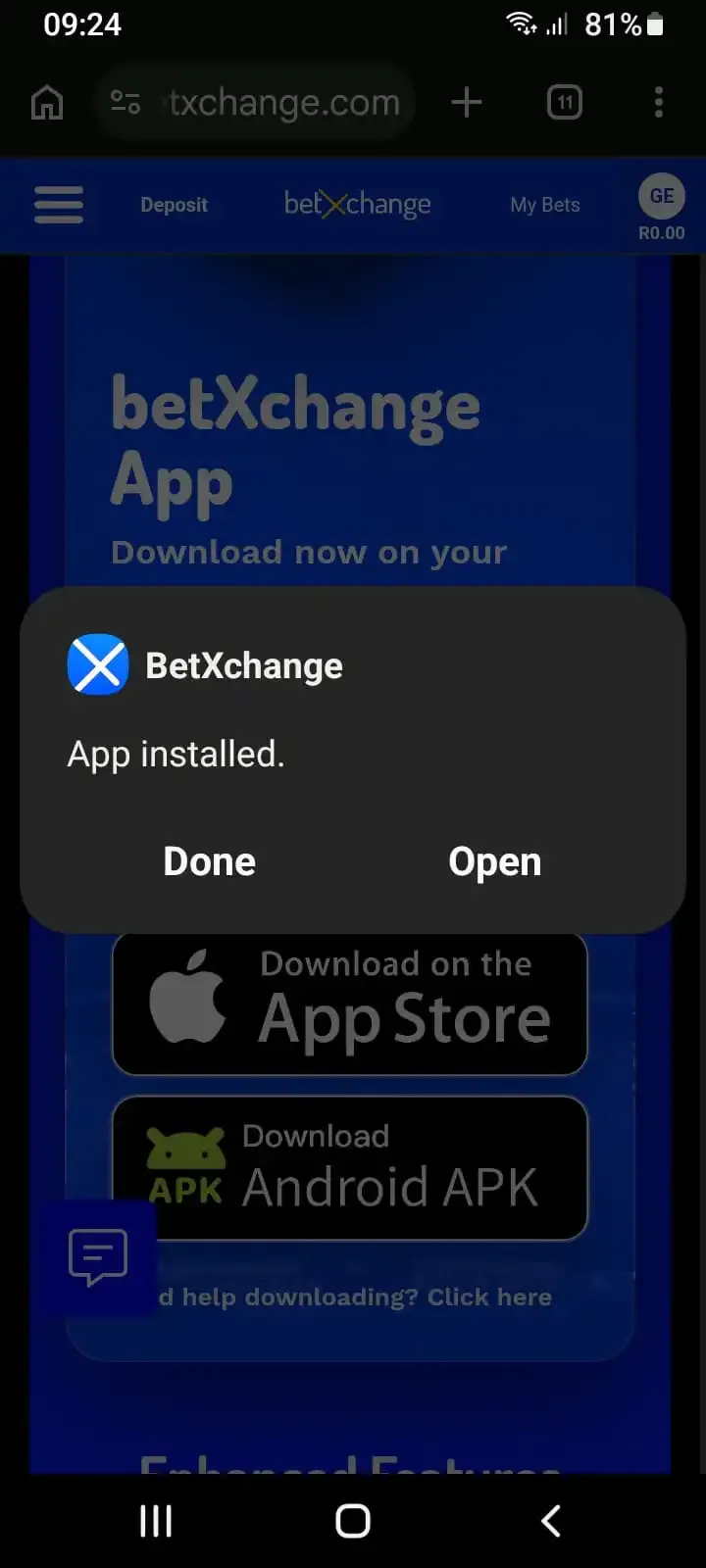 Android confirmation pop-up stating "App installed" for BetXchange with options to tap Done or Open.