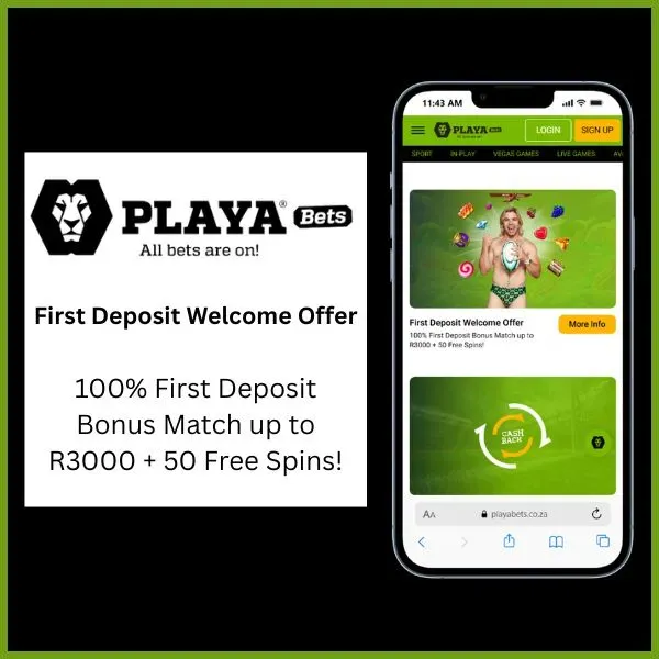 PlayaBets Welcome Offer Banner found in the Promotions tab: 100%  first deposit match up to 3,000 + 50 Free Spins