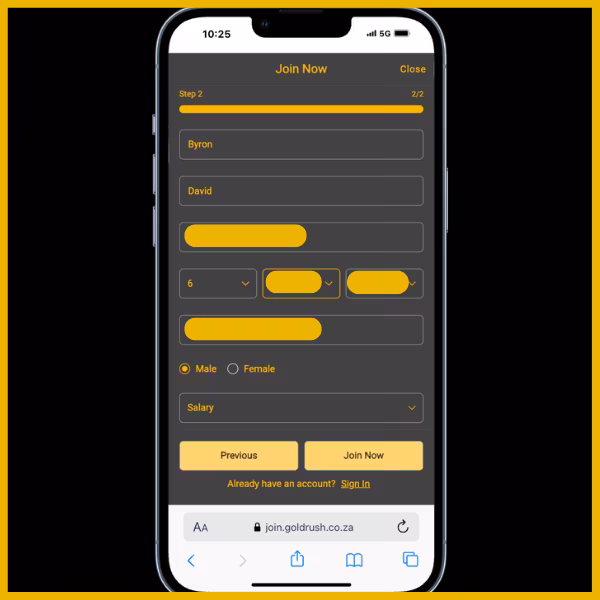 Goldrush sign up form showing fields to enter Personal details.