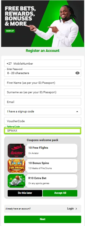 Betway sign up code SPMAX