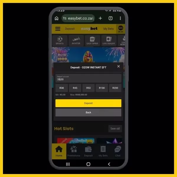 OZOW instant EFT deposit panel on Easybet casino.