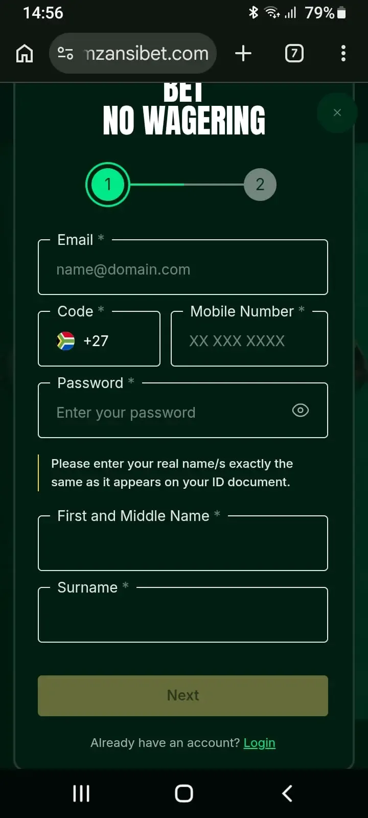Mzansibet sign up from page with fields for email, phone number, password, first and middle name, surname.