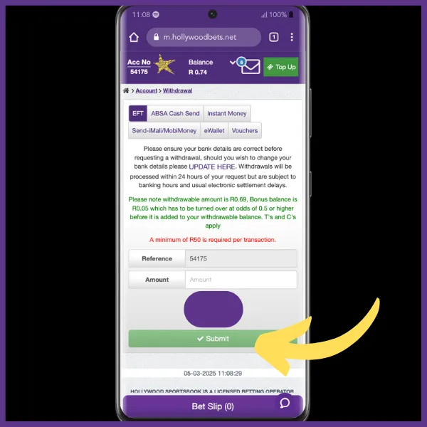 Hollywoodbets app withdrawal process step 3