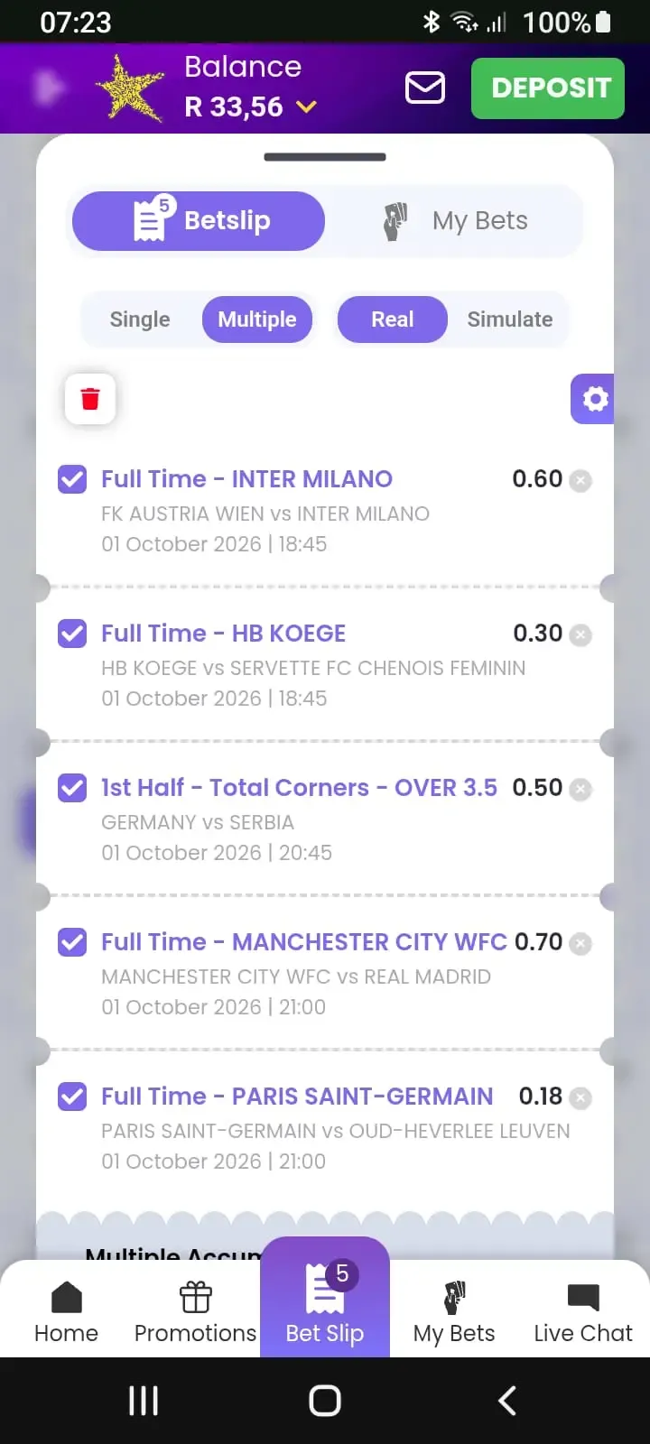 Hollywoodbets accumulator bet showing Inter Milano to win, HB Koege to win, Germany vs Serbia 1st Half Over 3.5 Corners, Manchester City WFC to win and PSG to win