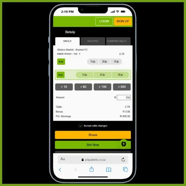 Betslip showing Atl&eacute;tico Madrid to WIN at 2.76 odds at a R250 stake with Playa Bets promo code.