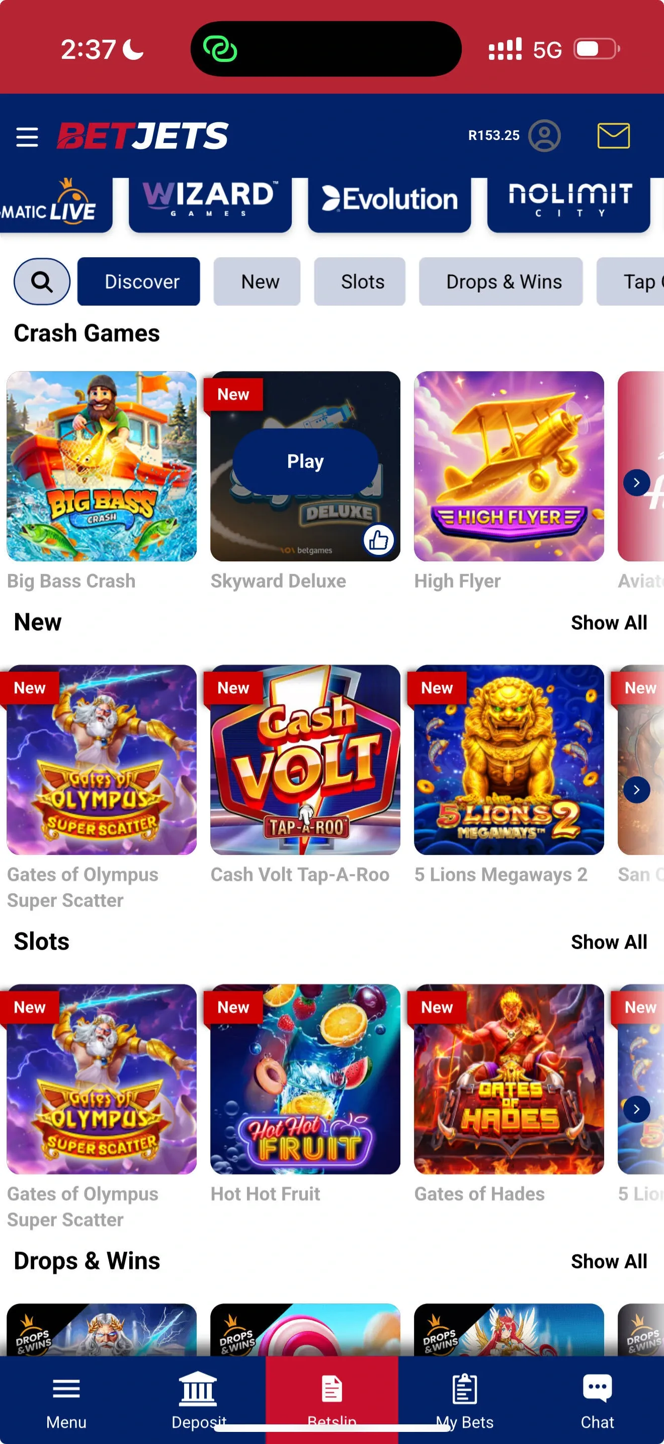 Screenshot of the casino in the BetJets app for Casino