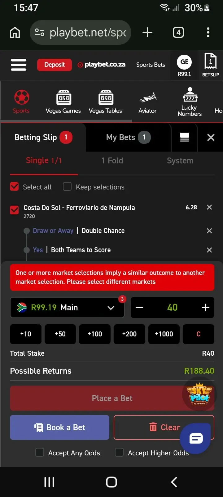 Playbet Bet Builder betslip with red error bar due to conflicting selections.