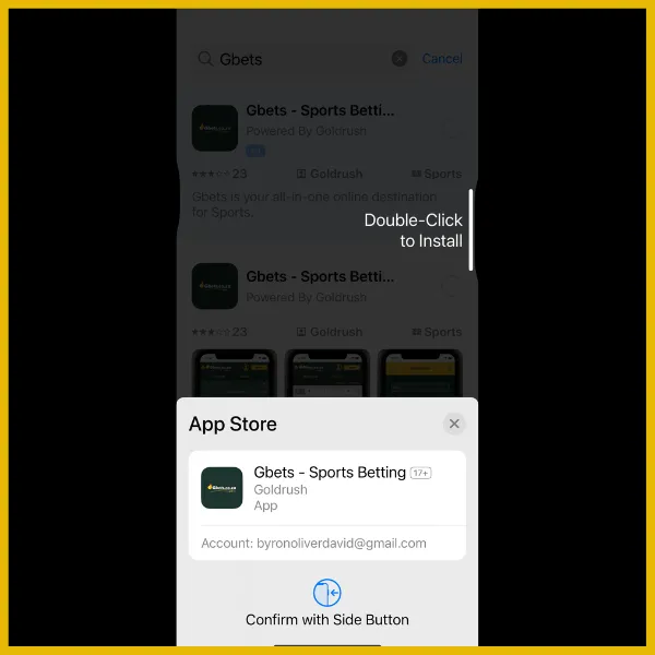 Screenshot of final step to double click power button and download Gbets app for iOS