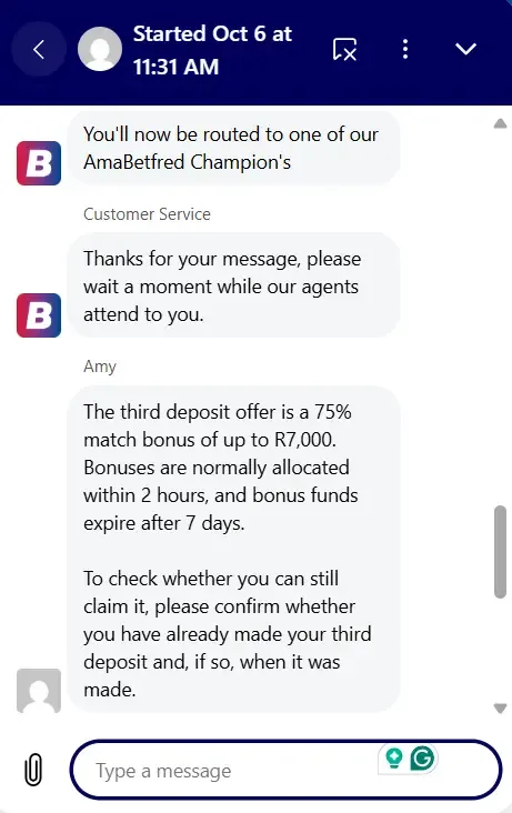 Betfred South Africa live chat session showing support agent explaining the third deposit offer details (75% match up to R7,000) and asking for deposit confirmation.
