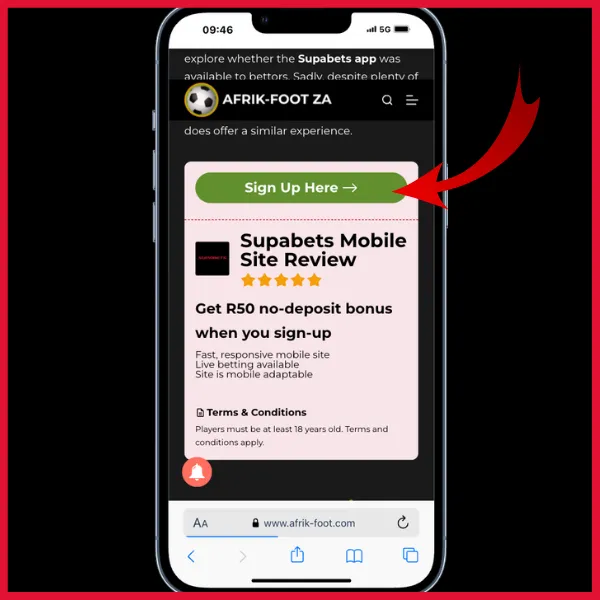 Supabets Mobile Site - red arrow pointing to Sign Up Here button on the AF official site. 