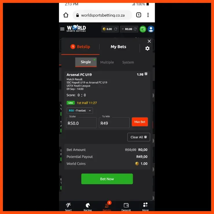 Placing a soccer bet at 1.98 odds on the betslip with the World Sports Betting promo code bonus