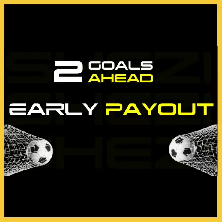 Betshezi 2 goals ahead promotional banner showing two soccer balls being shot into two seperate goal nets.