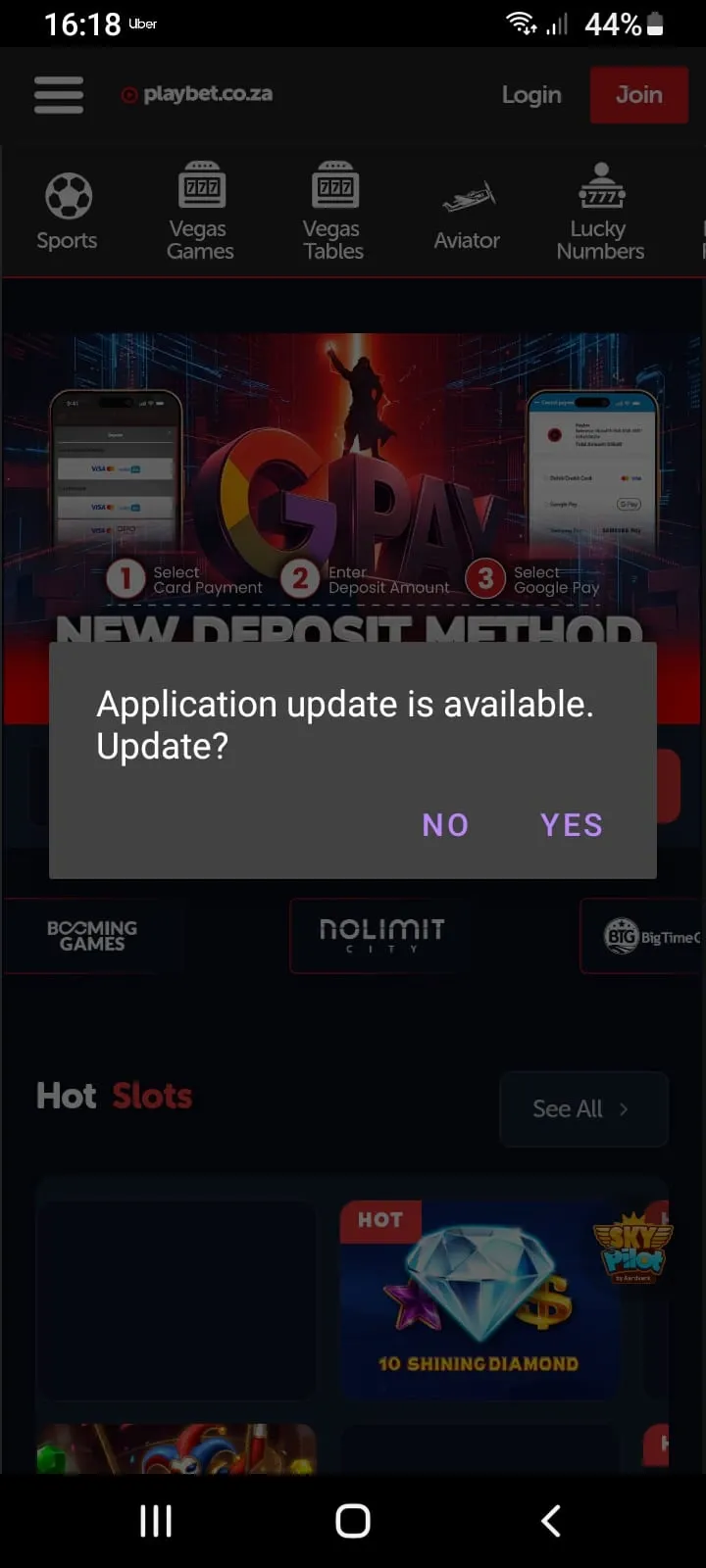 Playbet app homescreen with update pop at the startup.