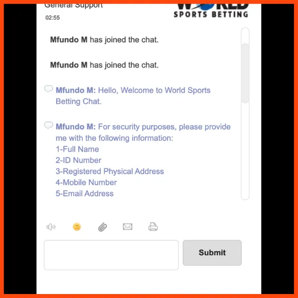 Interaction with Customer Support from the official WSB site on the live-chat feature. 