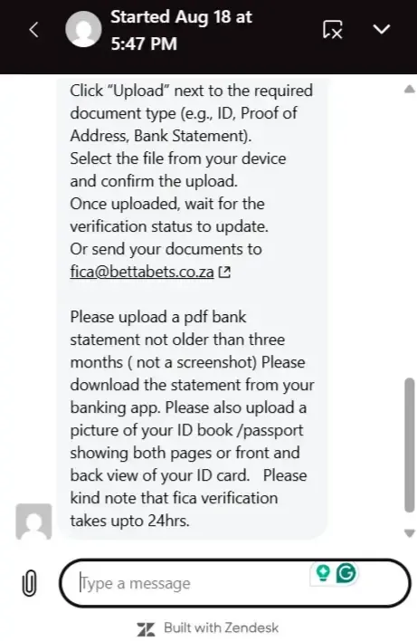 Continued Bettabets live chat response FICA upload process query.