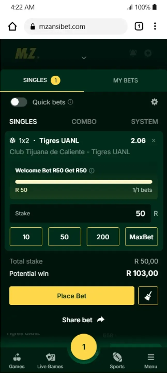 Mzansibet bonus qualifying bet of R50 for Tigre UANL to WIN against Club Tijuana de Caliente @ 2.06 odds.