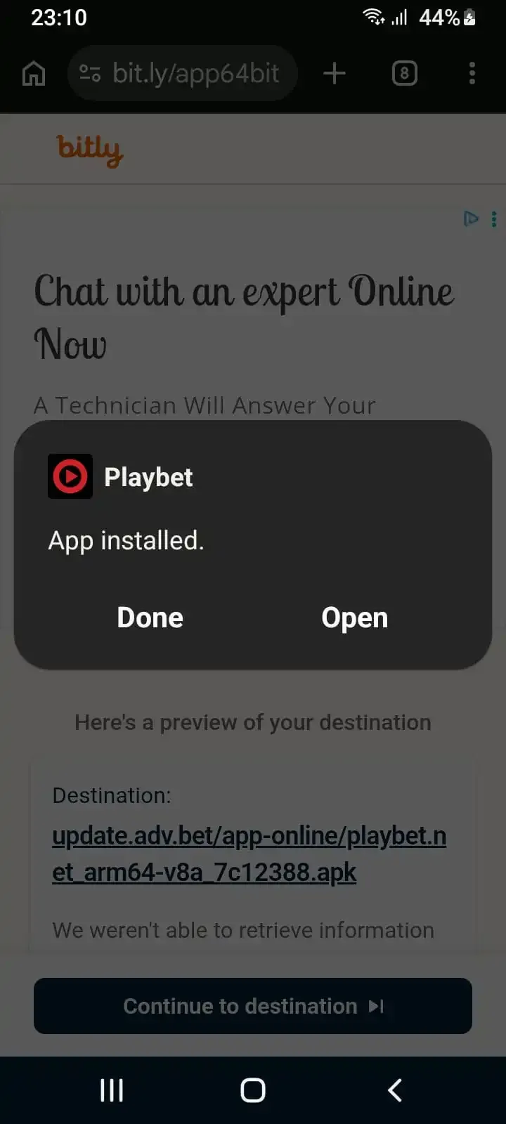 Android screen showing Playbet app installed confirmation with Open button.

