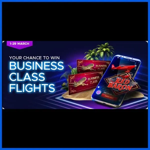 Jackpot City Fly Business Class promotional banner depicting Red Baron crash game. Contest runs from March 1 - 29 2026.
