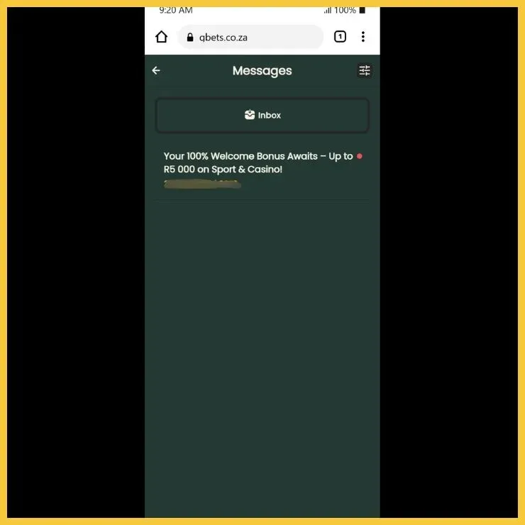 Gbets promo code bonus message received in the inbox