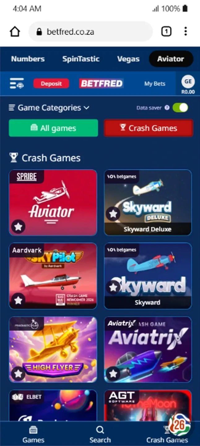 Betfred Crash games section showing Aviator and other titles.