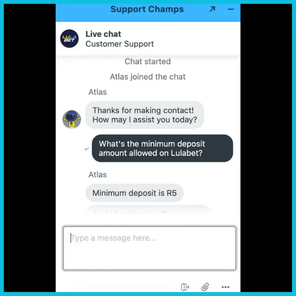 Lulabet site - interaction with customer support via live chat function