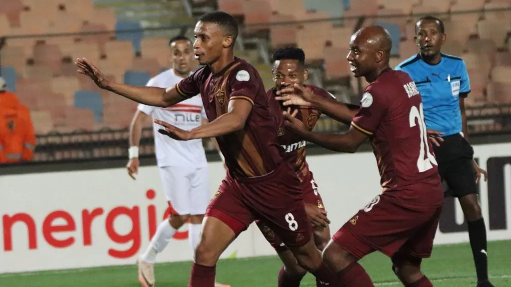 Stellenbosch players celebrate Sihle Ndulis goal against Zamalek. Photo Stellenbosch