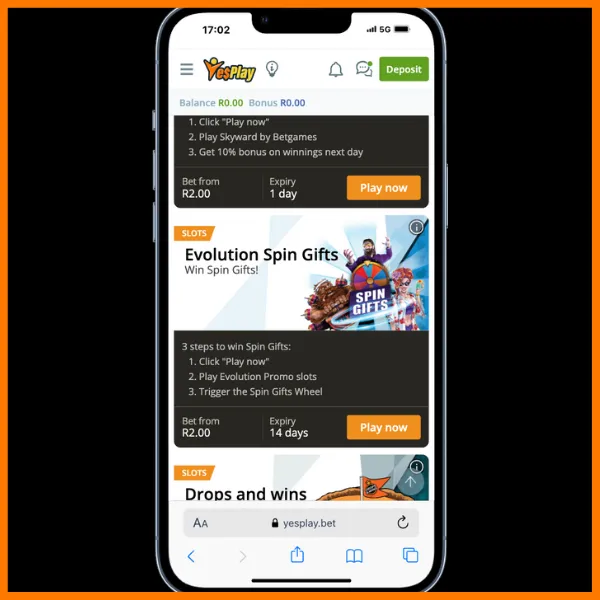 YesPlay promotions page showing the Evolution Spin Gifts promo.