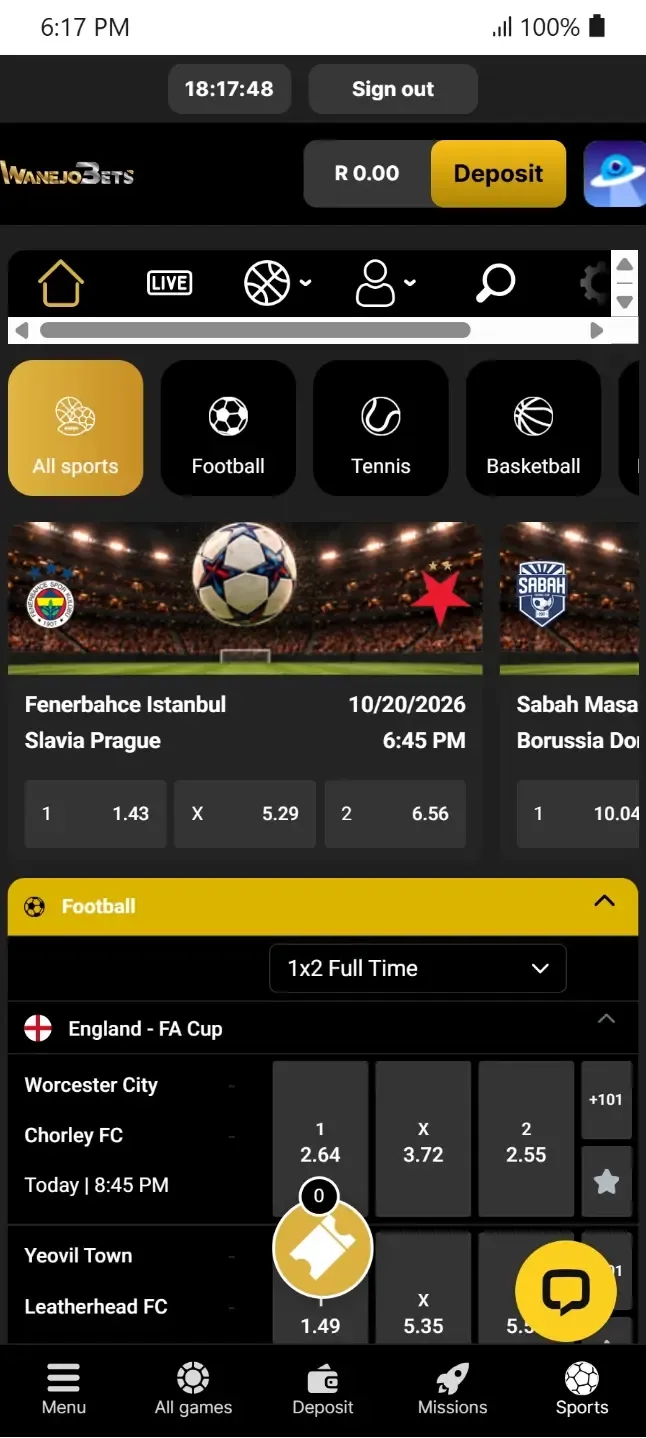 WanejoBets mobile sportsbook menu showing upcoming FA Cup football betting odds on new online sports betting sites