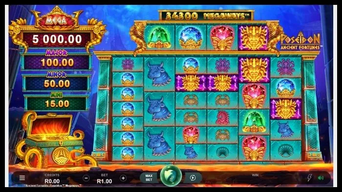 Slot menu for Betway Exclusive, Ancient Fortunes Poseidon Megaways as shown on the site.