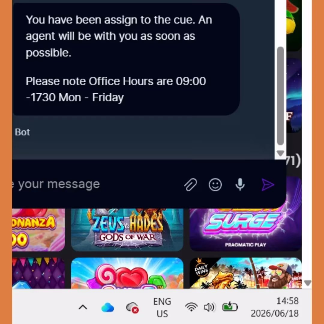 Apexbets Live Chat 5 test part 5 showing time stamp of 14.58 when we were placed in the queue at 14.03.