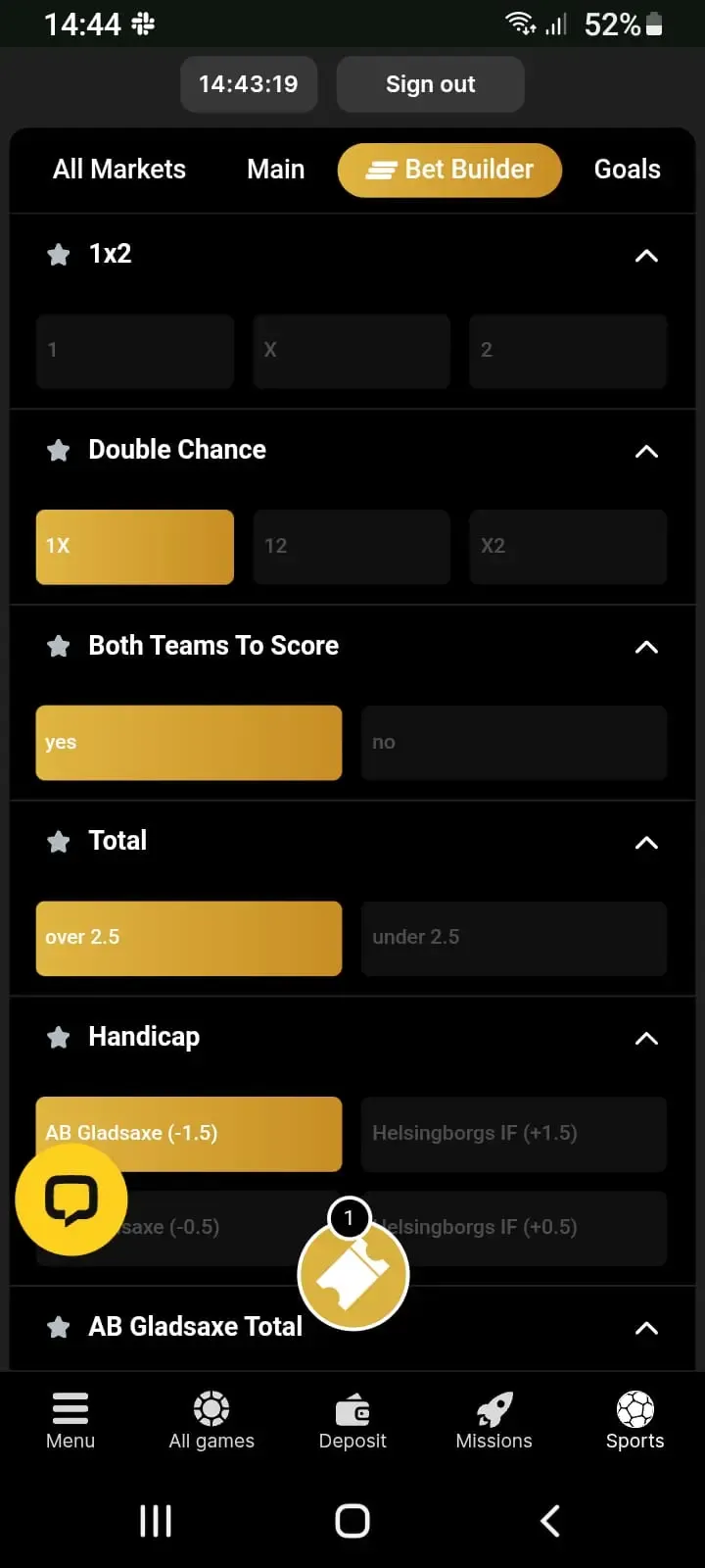 Bet Builder tool for AB Gladsaxe vs Helsingborgs IF fixture on Wanejobets