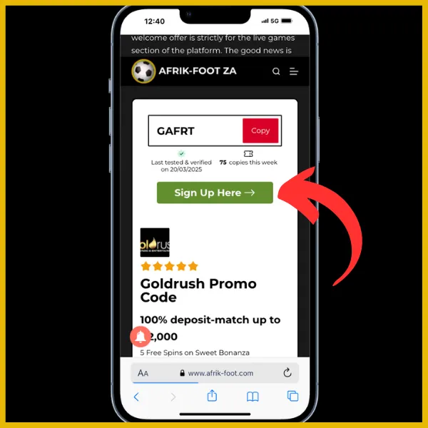 Goldrush promo code coupon on the Afrik-Foot site with a red arrow pointing to "Sign up Here" button.