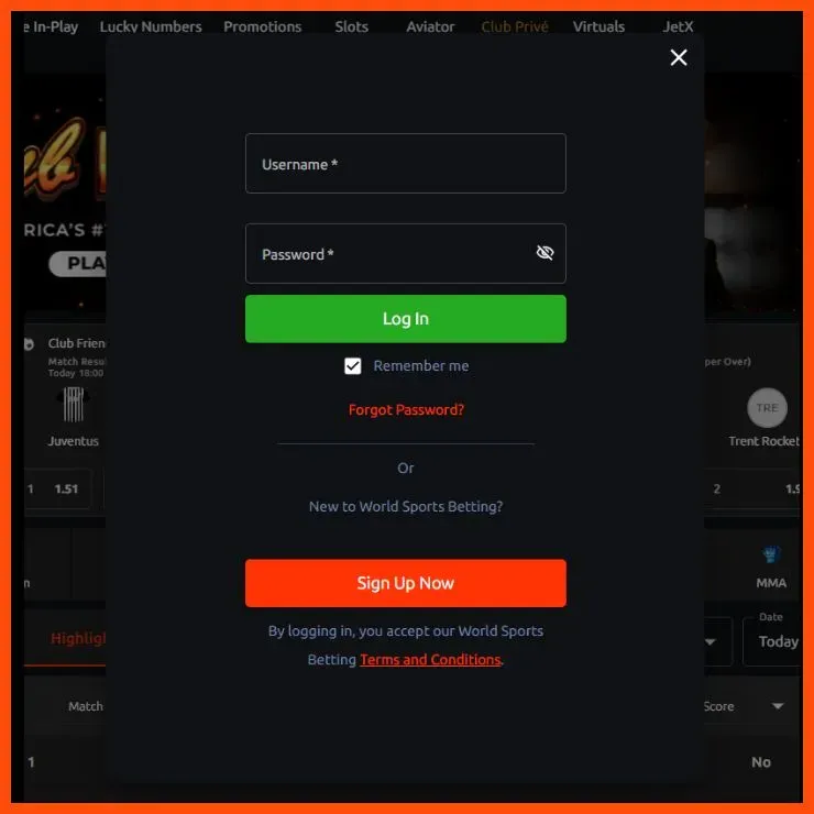 World Sports Betting login form on PC also showing fields for username and password, "Log in" button, "Remember me" check box, "Forgot password?" link and orange "Sign Up Now" button.