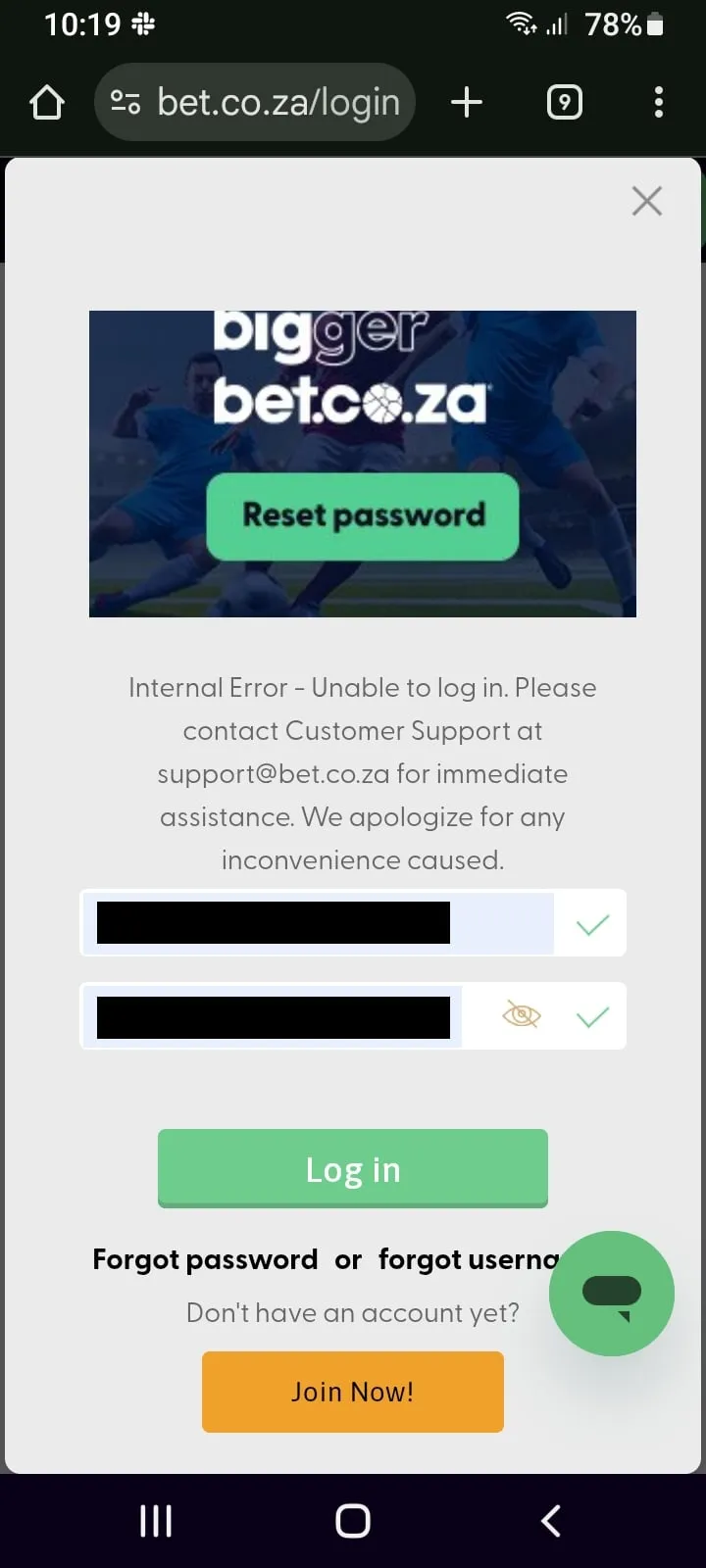 Bet.co.za Review Log In Error