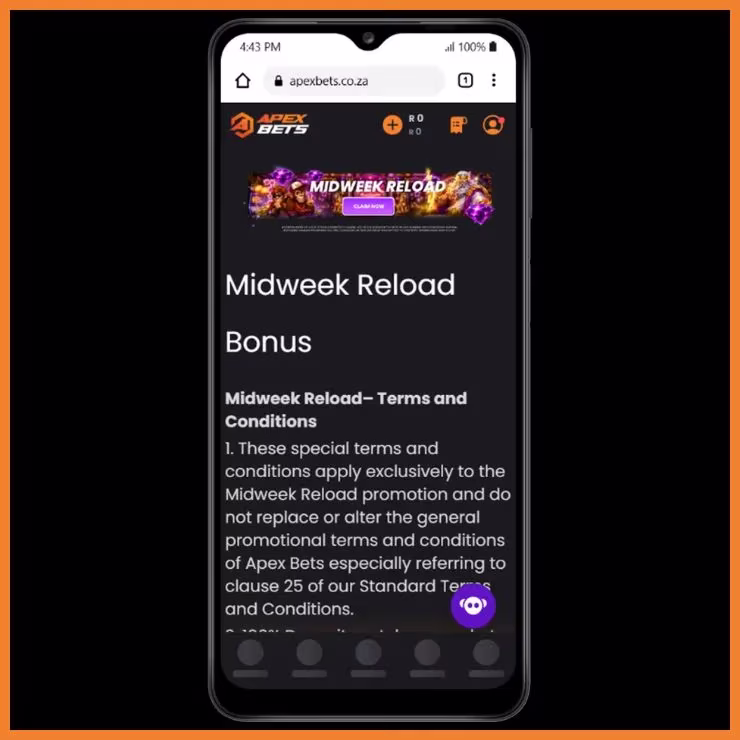 Apexbets Midweek Reload Bonus promotional banner and terms. 100% deposit match of R5,000 for slots only.