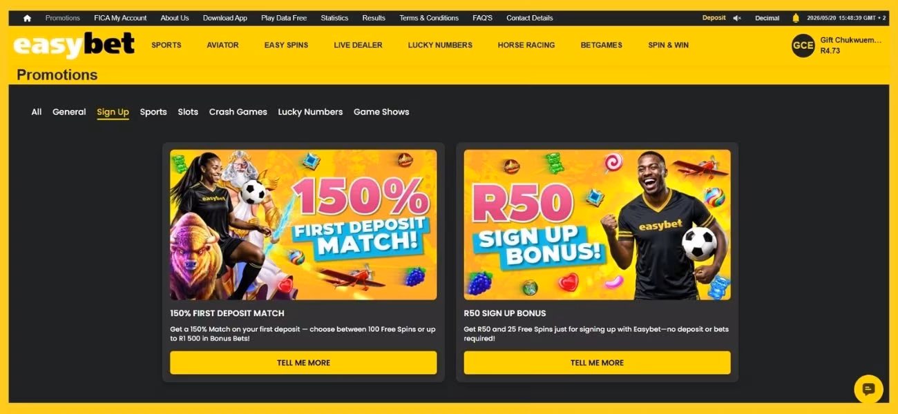 Easybet Sign Up tab in promotions page showing 150% First Deposit Match & R50 Sign Up Bouns with 25 Free Spins.