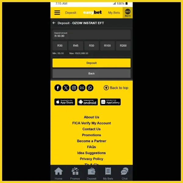 Ozow instant EFT chosen to deposit R50 to Easybet