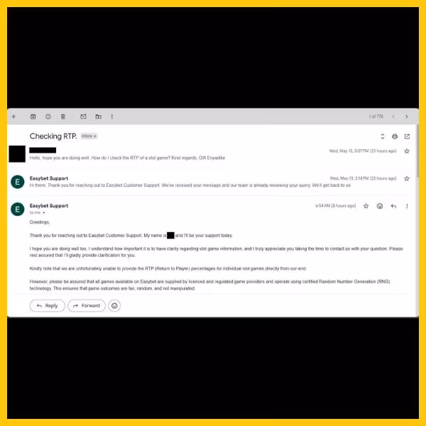 Email exchange with Easybet customer support.