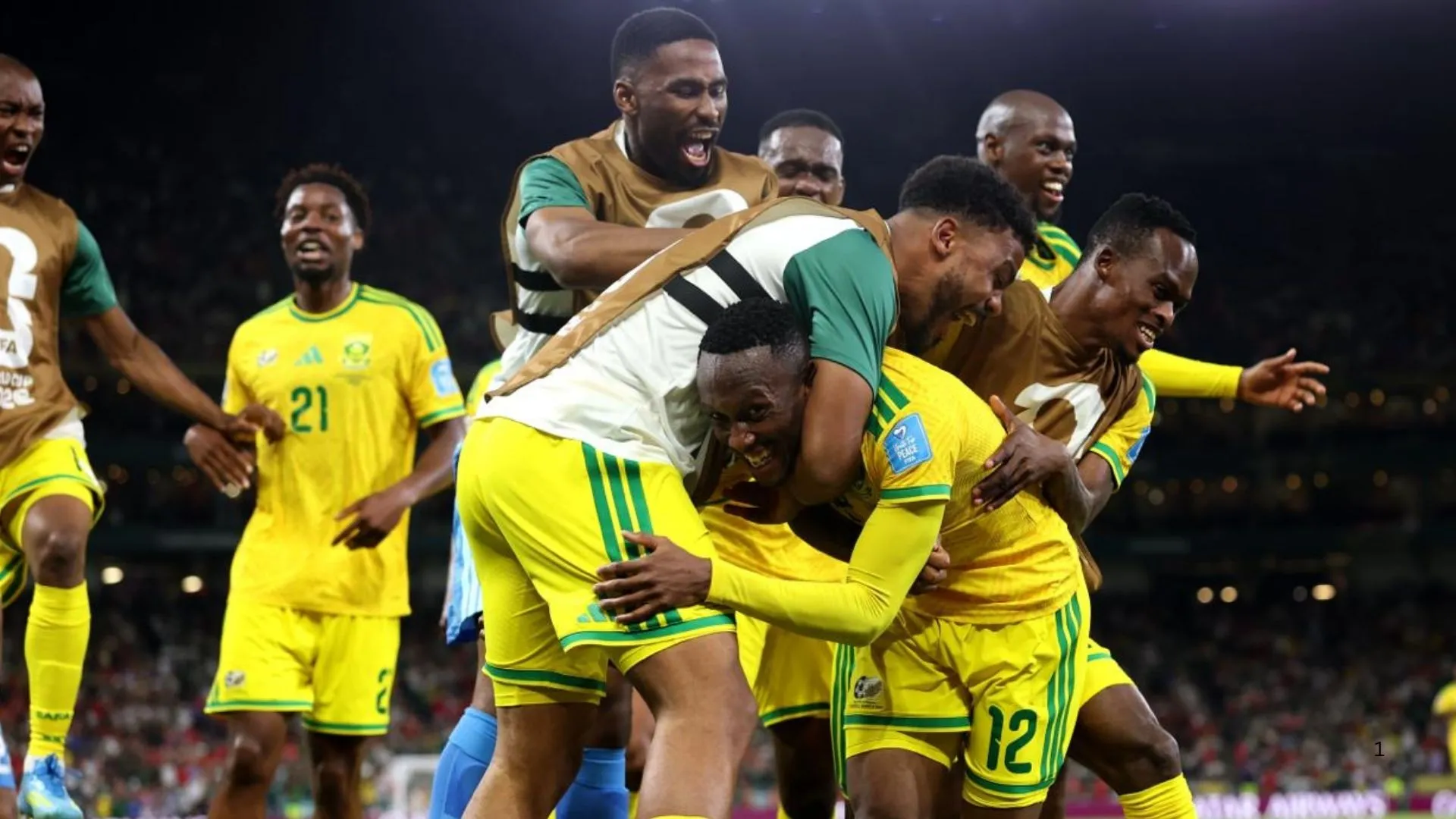 Thapelo Maseko celebrates his goal with his Bafana teammates against South Korea.