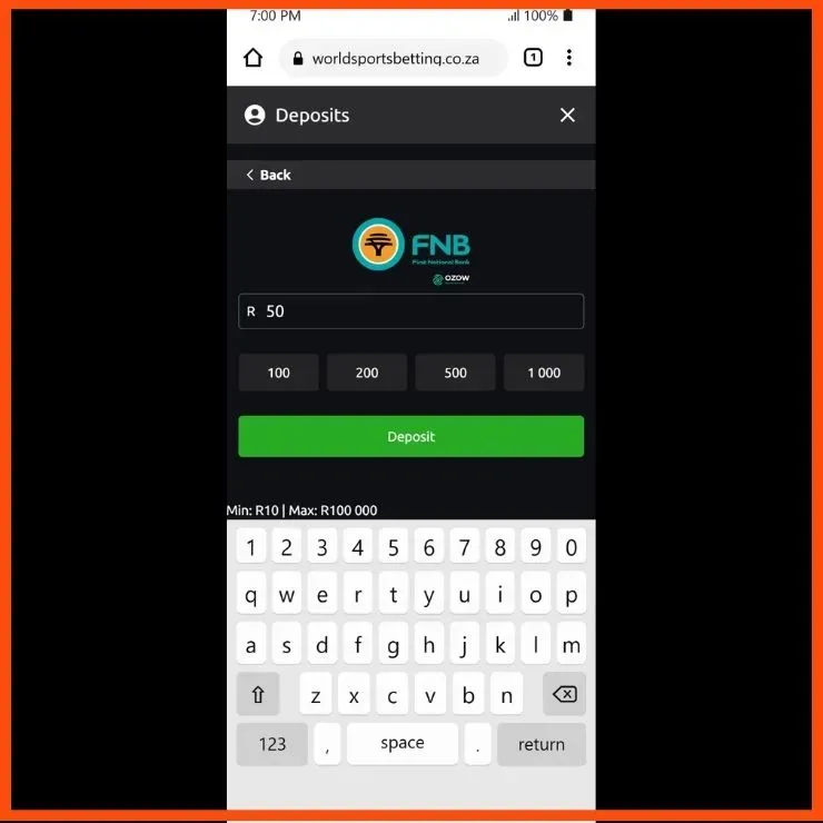 World Sports Betting  deposit page